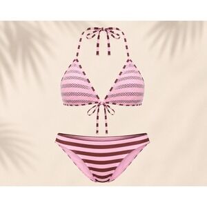 Frankies Bikini Nick Mesh Stripe Bikini Pink Brown Coquette Swim Set Euro Summer
